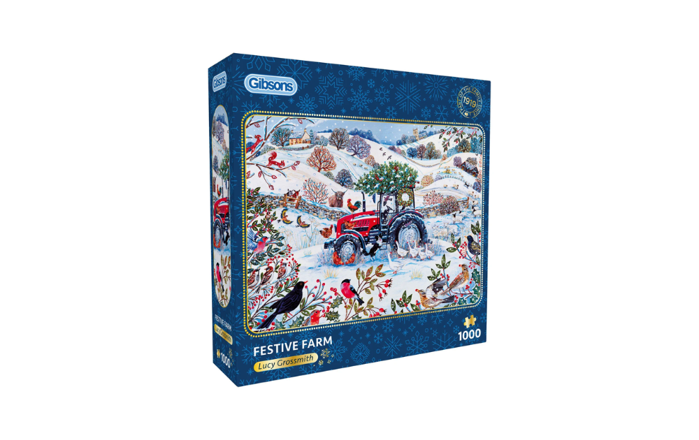 Festive Farm 1000 Piece Jigsaw Puzzle by Gibsons featuring a snowy landscape with a red tractor