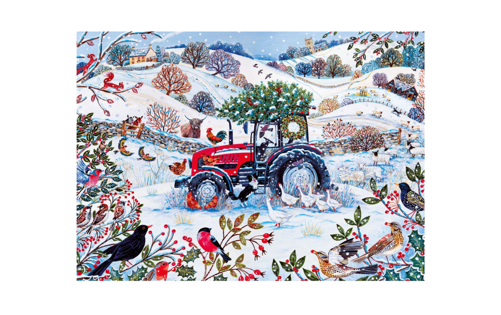 Festive Farm 1000 Piece Jigsaw Puzzle by Gibsons featuring a tractor in a snowy landscape with birds and festive decorations
