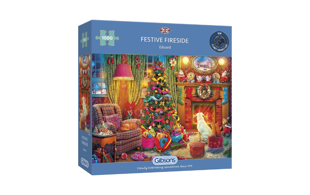 Festive Fireside jigsaw puzzle by Gibsons featuring a cozy holiday scene with a Christmas tree