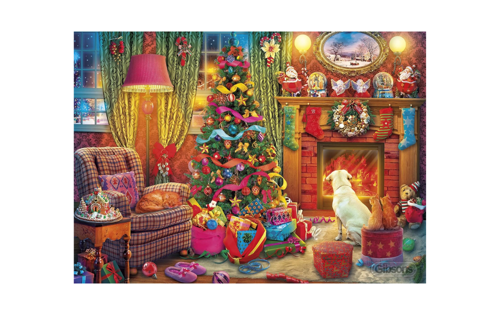 Gibsons Festive Fireside jigsaw puzzle depicting a cozy holiday scene with a decorated tree and a dog by the fire