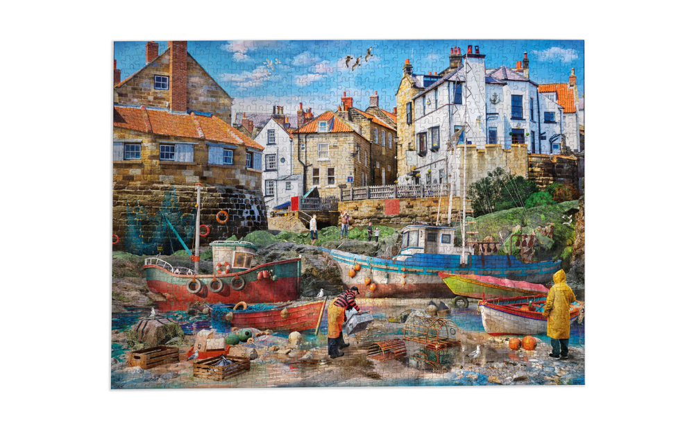 Fishermen at Robin Hood's Bay 1000 Piece Jigsaw Puzzle by Gibsons featuring colourful boats and coastal scenery