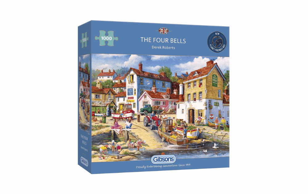 Gibsons Four Bells puzzle featuring a colorful coastal village scene by Derek Roberts