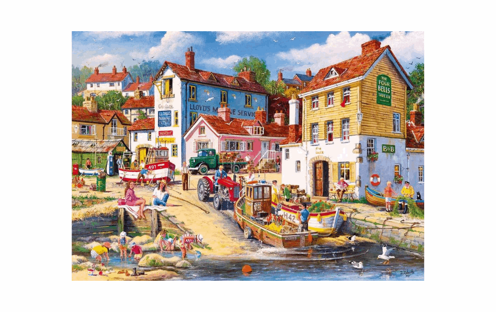 Gibsons Four Bells puzzle featuring a vibrant harbor scene with boats and colorful buildings