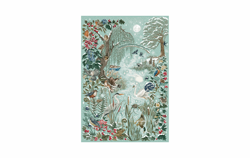 Frosted River puzzle by Gibsons featuring a serene winter landscape with wildlife and a bridge
