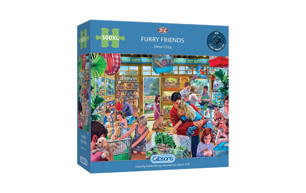 Gibsons Furry Friends puzzle featuring a vibrant pet shop scene with animals and families