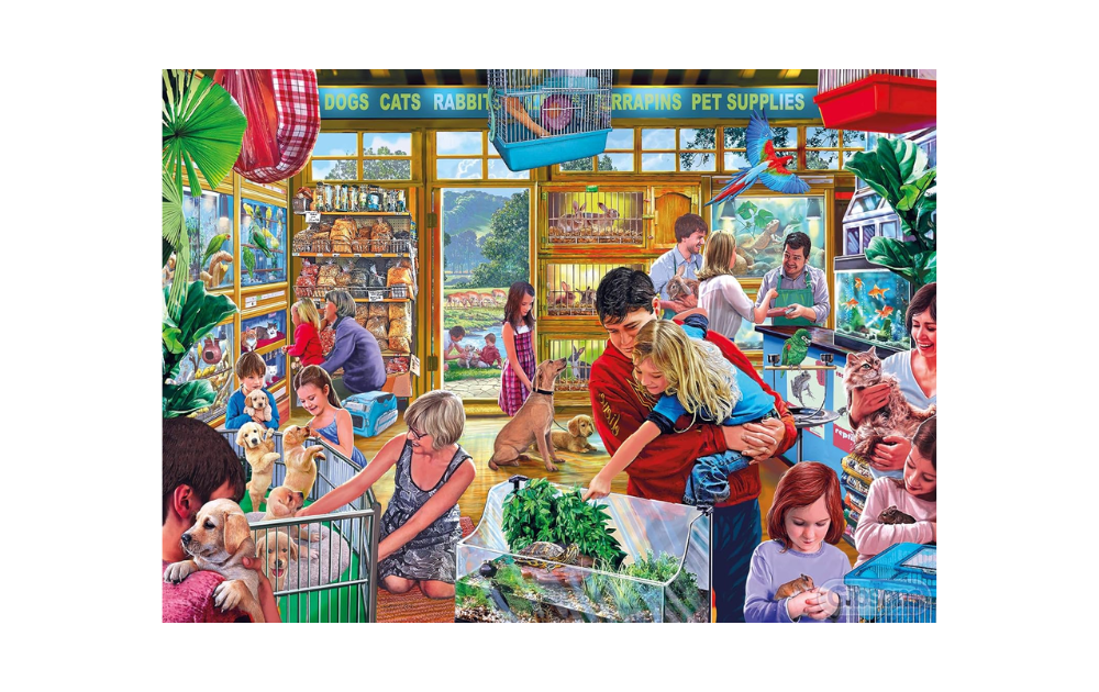 Gibsons Furry Friends puzzle featuring a vibrant pet shop scene with various animals and people interacting