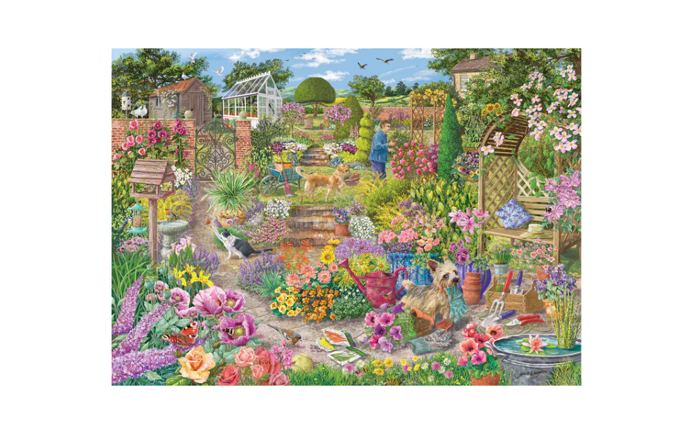 Gibsons garden in bloom jigsaw puzzle vibrant English cottage garden with greenhouse bench pond dog and birds