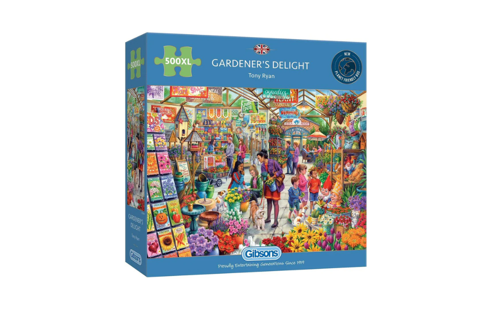 Gibsons Gardener's Delight puzzle featuring a vibrant garden scene with flowers and gardening activities
