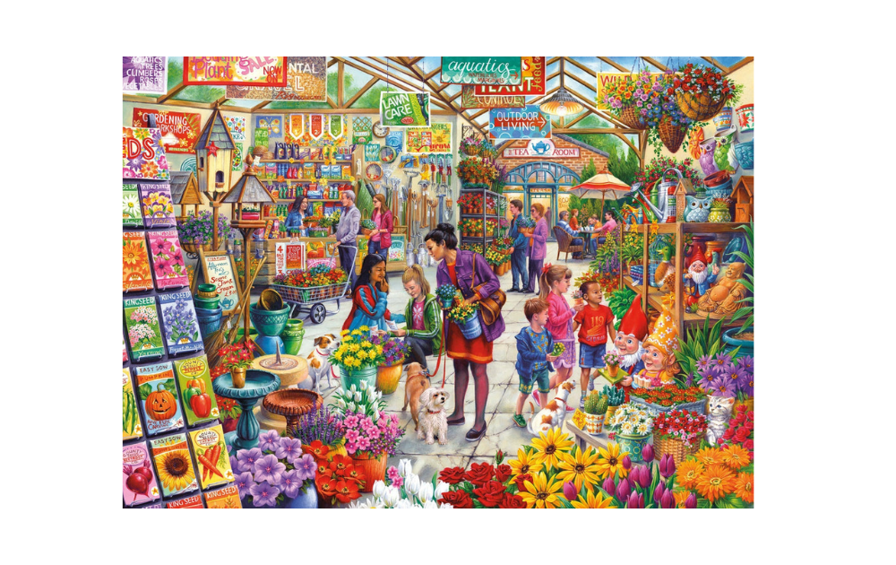 Gibsons Gardener's Delight puzzle featuring a vibrant garden center filled with flowers, plants, and shoppers