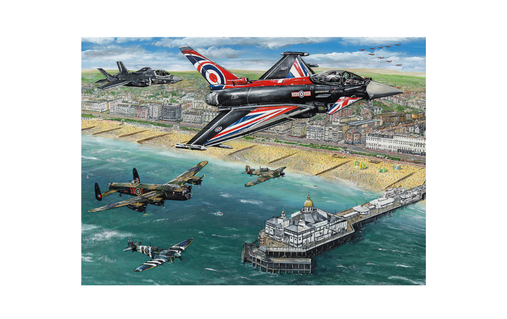 Gibsons Airshow jigsaw puzzle featuring colorful fighter planes flying over Eastbourne beach and pier
