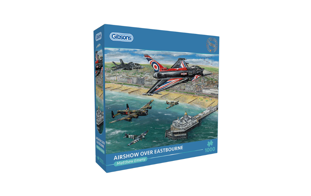 Gibsons Airshow jigsaw puzzle featuring a vibrant scene of aircraft over Eastbourne beach