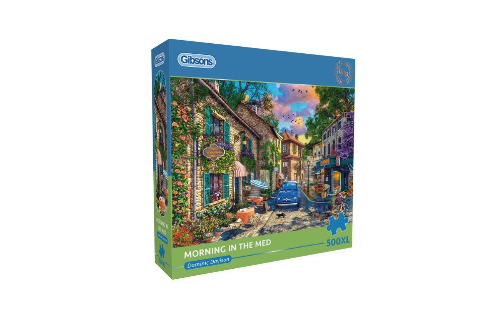 Gibsons Morning in the Med jigsaw puzzle featuring a vibrant Mediterranean scene with flowers and charming buildings