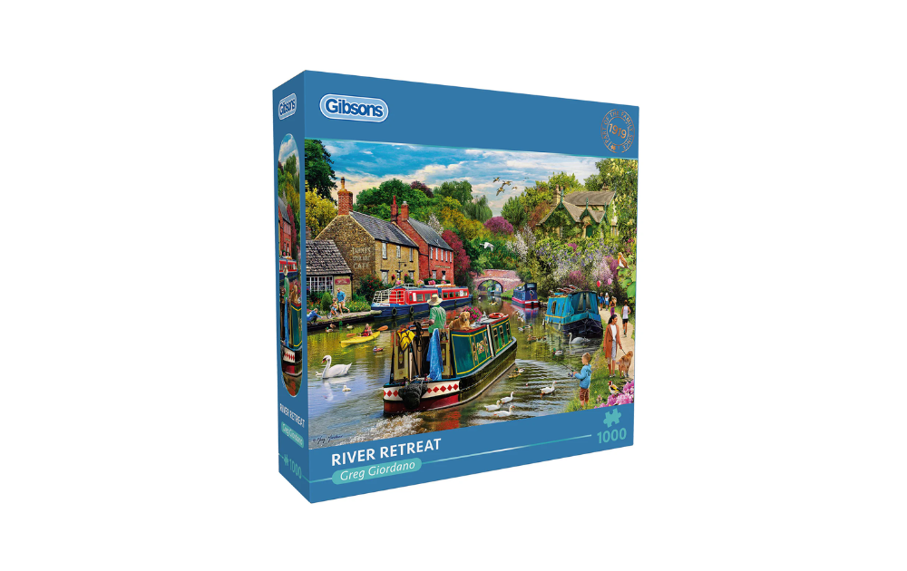 Gibsons River Retreat 1000 piece jigsaw box showing colourful canal village scene with narrowboats and cottages