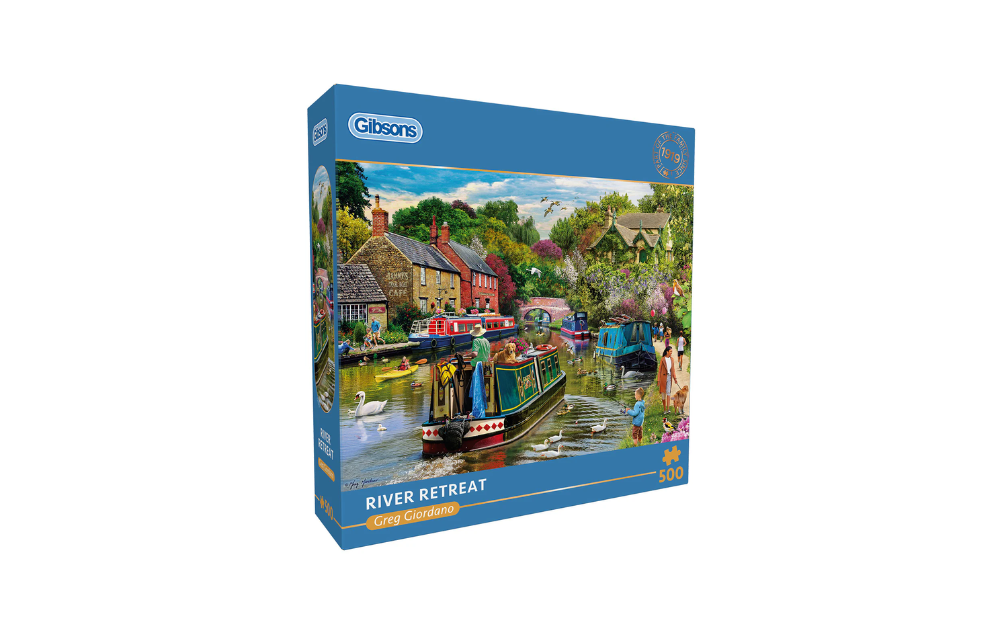 Gibsons River Retreat jigsaw puzzle box showing colourful canal cottages and narrowboats in summer