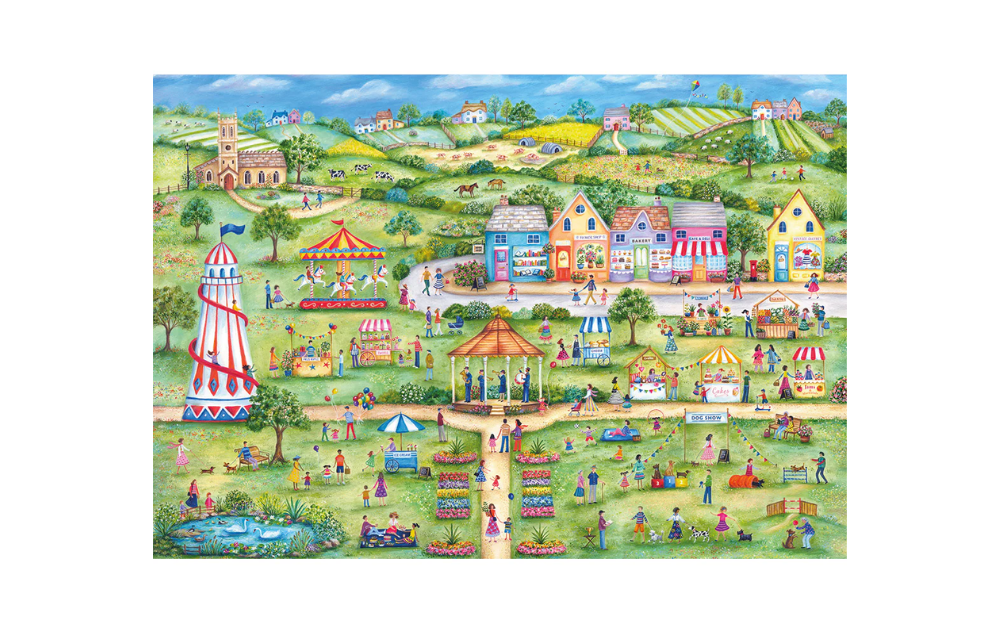 Gibsons summer jigsaw puzzle featuring a vibrant village scene with fairs, park activities, and colorful buildings