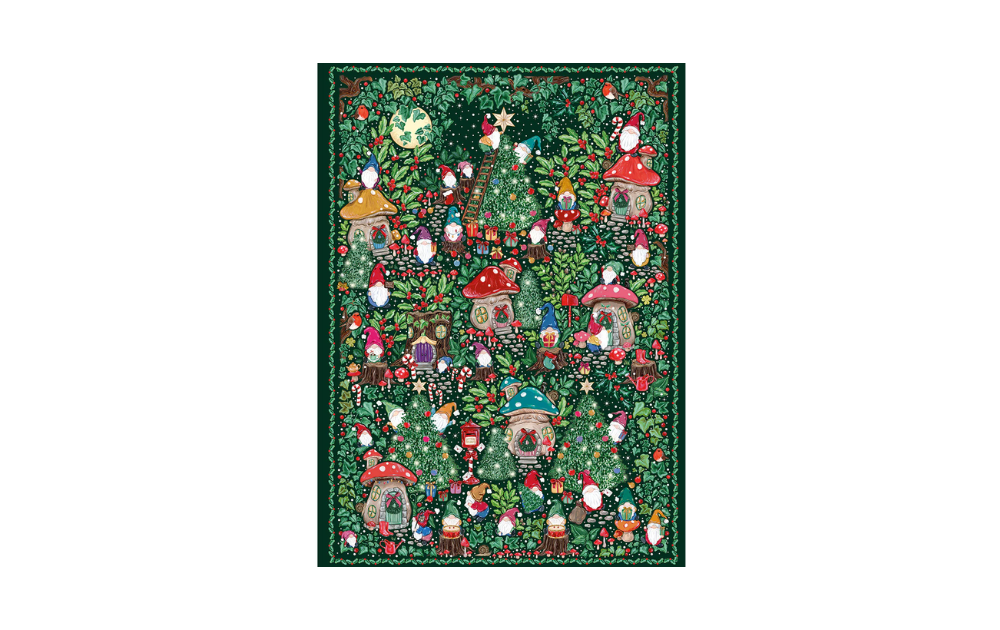 Gibsons The Art File Christmas puzzle showing whimsical toadstool houses and gnomes in festive woodland