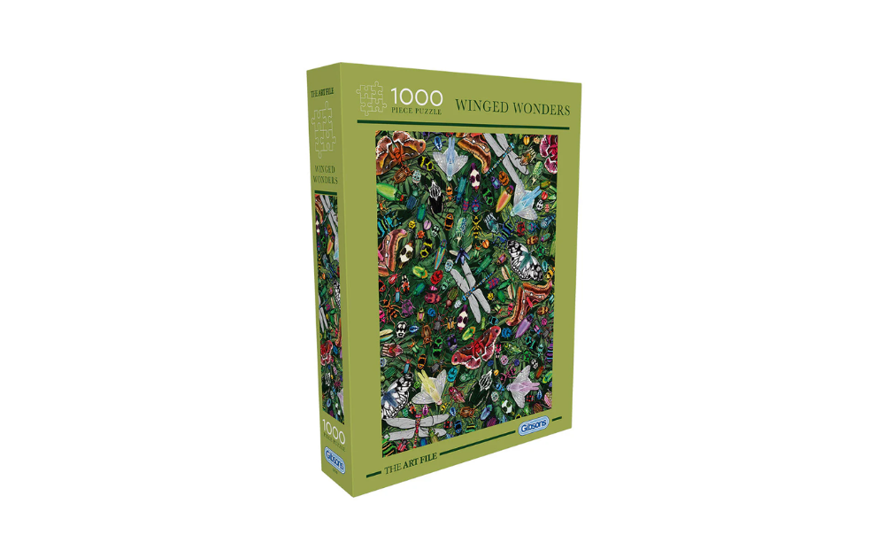 Gibsons Winged Wonders jigsaw puzzle 1000 piece box showing colourful bird and butterfly artwork on green packaging