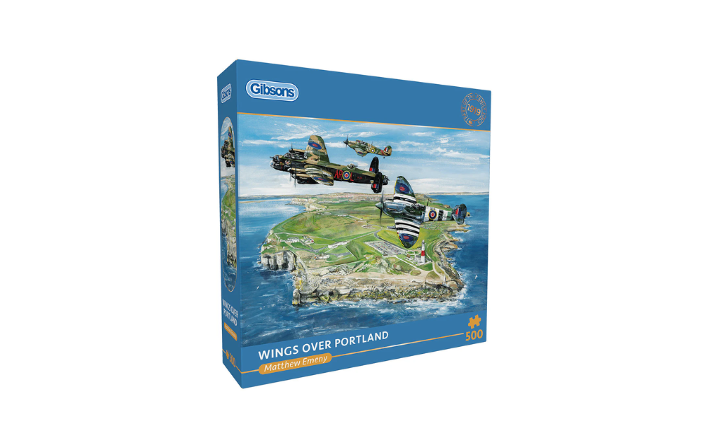 Gibsons Wings Over Portland puzzle featuring vintage aircraft over a coastal landscape