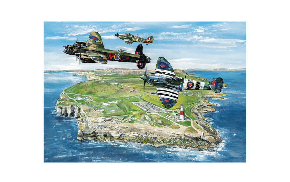 Gibsons Wings Over Portland puzzle featuring vintage aircraft flying over a coastal landscape