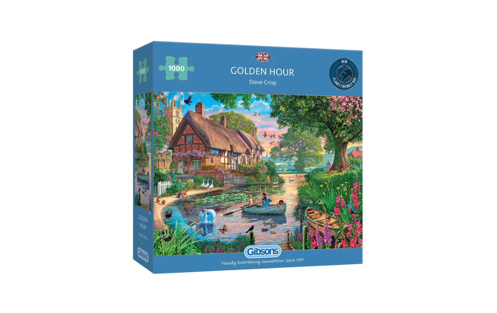 Gibsons Golden Hour puzzle featuring a scenic landscape with cottages and a river for puzzle enthusiasts