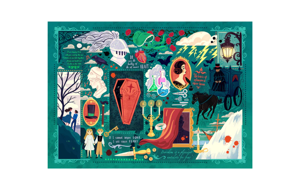 Gothic novels jigsaw puzzle featuring vibrant illustrations of classic themes and characters