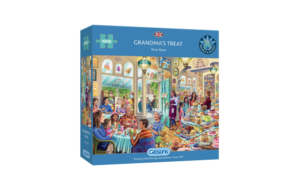 Grandma's Treat 1000 Piece jigsaw Puzzle by Gibsons featuring a vibrant café scene with delightful treats and happy customers