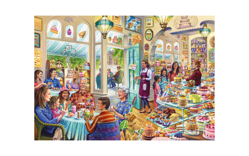 Grandma's Treat 1000 Piece jigsaw Puzzle by Gibsons featuring a vibrant bakery scene with joyful families