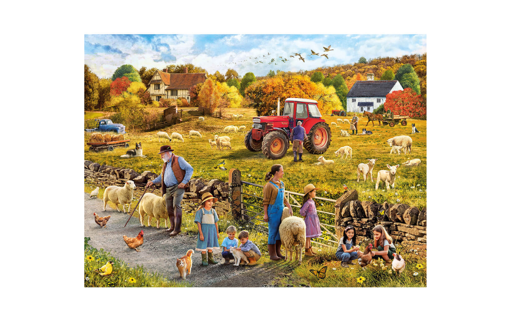 Gibsons Happy Harvest 1000 piece jigsaw puzzle showing autumn farm scene with tractor sheep farmhouse children and farm animals