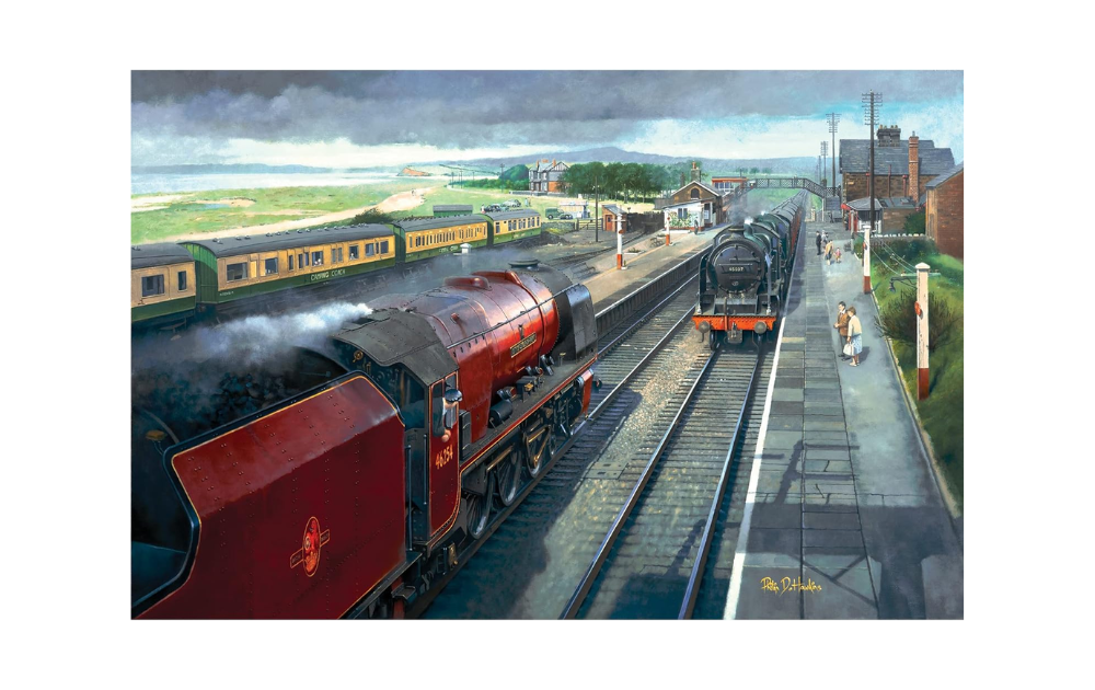 Hest Bank Whitsun jigsaw puzzle featuring a vintage train station with steam locomotives and scenic background