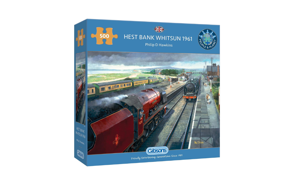 Gibsons Hest Bank Whitsun jigsaw puzzle featuring a scenic train station from 1961