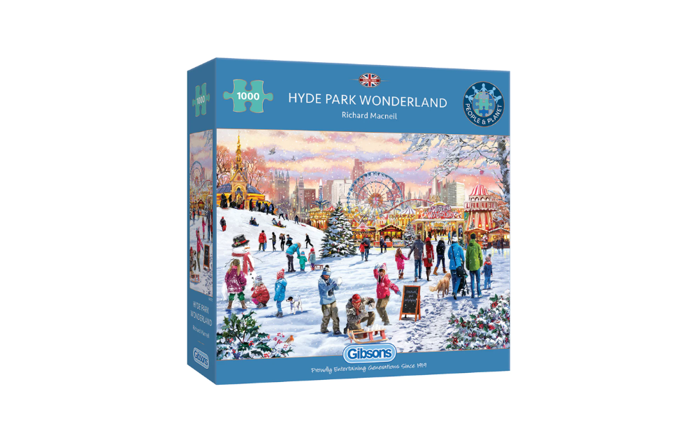 Gibsons Hyde Park Wonderland puzzle 1000 pieces with a festive winter scene featuring an ice rink and carousel