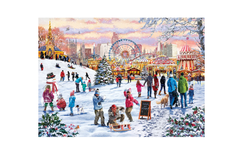 Gibsons Hyde Park Wonderland puzzle 1000 pieces featuring a snowy festive scene with people enjoying winter activities