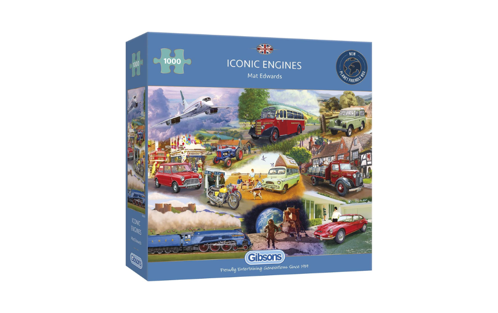 Iconic Engines puzzle by Gibsons featuring various historic vehicles in a colorful 1000-piece design