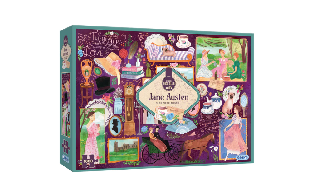Gibsons Jane Austen puzzle 1000 pieces featuring colorful illustrations inspired by her novels