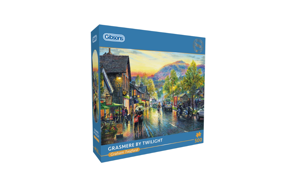 Gibsons Jigsaw - Grasmere by Twilight 500 Piece Jigsaw Puzzle featuring a scenic evening village view