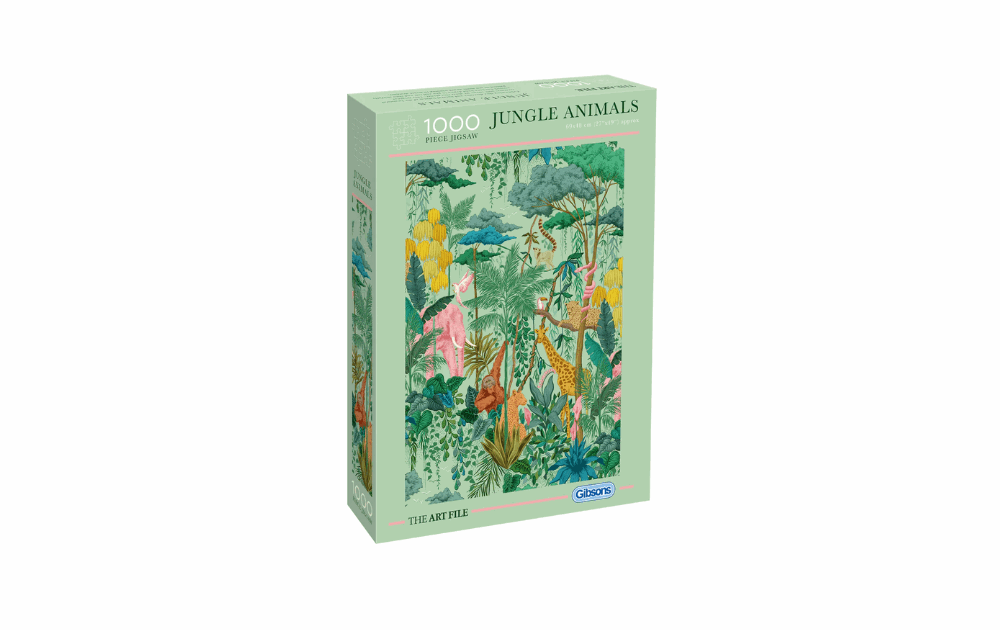 Gibsons jungle animals puzzle 1000 pieces featuring vibrant jungle artwork with various animals
