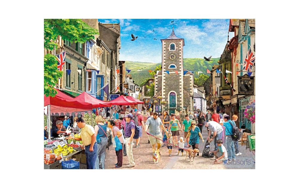 Gibsons Keswick 1000 piece puzzle showing a bustling market scene with vibrant colors and people enjoying the day