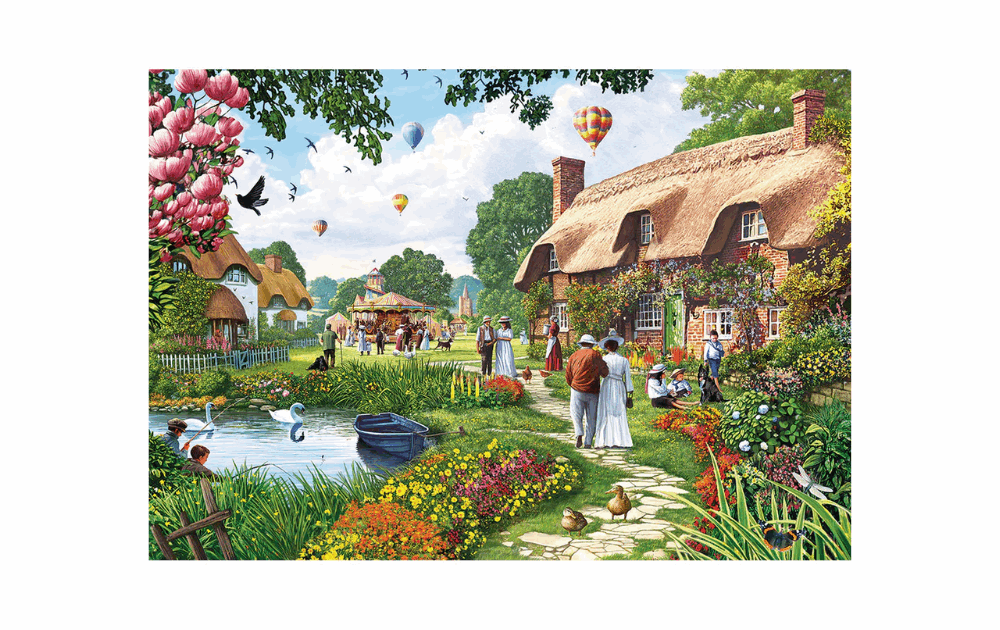 Gibsons Lakeside Cottage puzzle featuring a vibrant garden scene with cottages, flowers, and hot air balloons