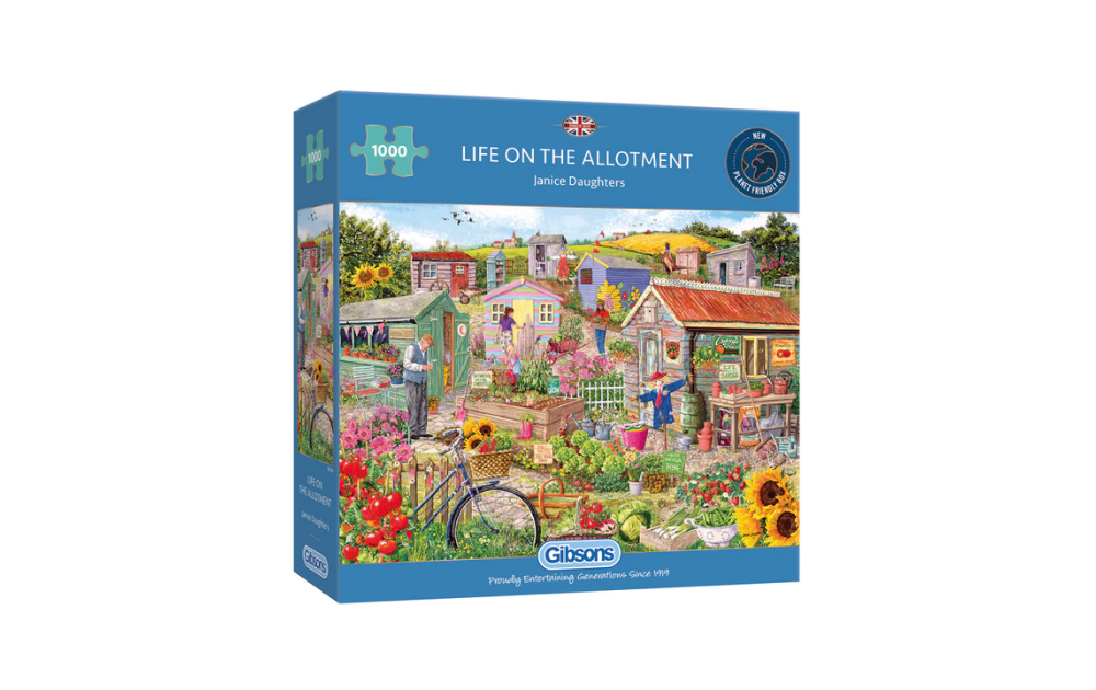 Gibsons Life on the Allotment puzzle featuring a vibrant garden scene with colorful flowers and sheds
