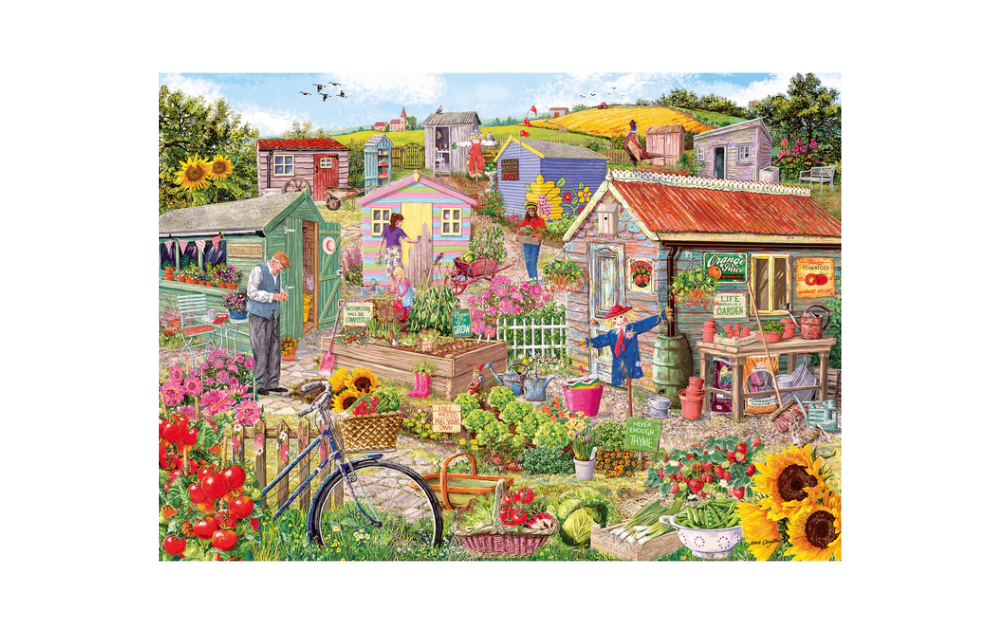 Gibsons Life on the Allotment puzzle featuring vibrant gardens and a charming community scene