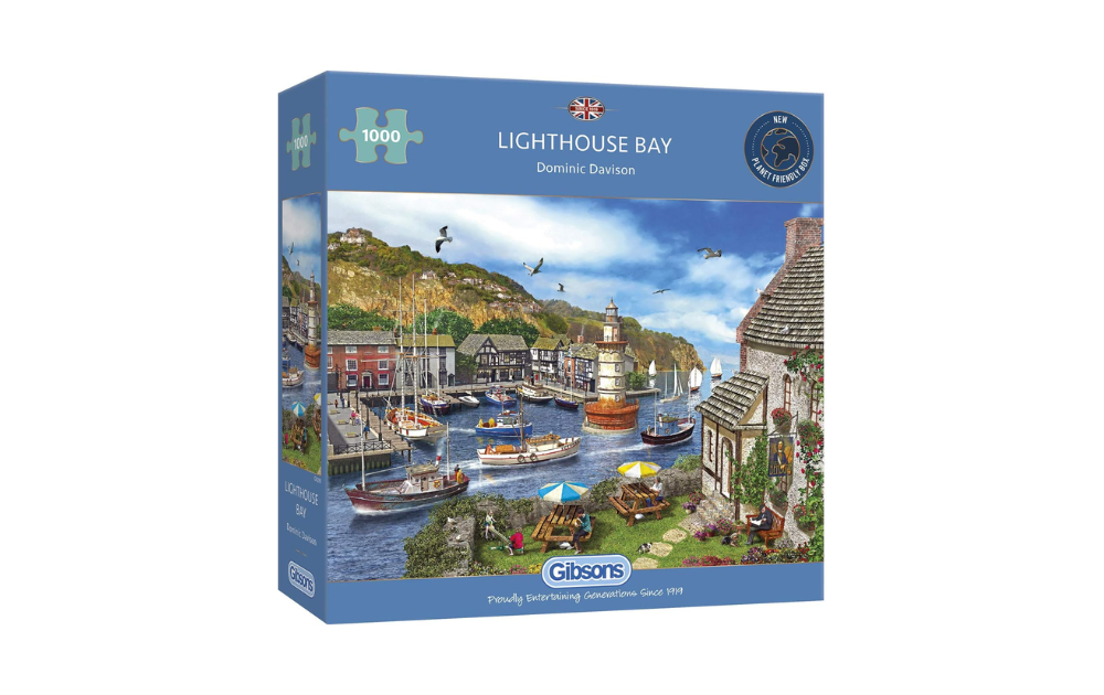 Gibsons Lighthouse Bay puzzle featuring a scenic harbor with boats and cottages, 1000 pieces