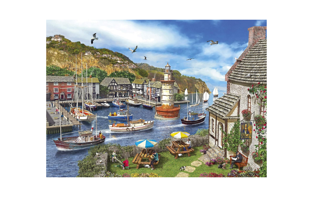 Gibsons Lighthouse Bay puzzle featuring a vibrant harbor scene with boats and a lighthouse