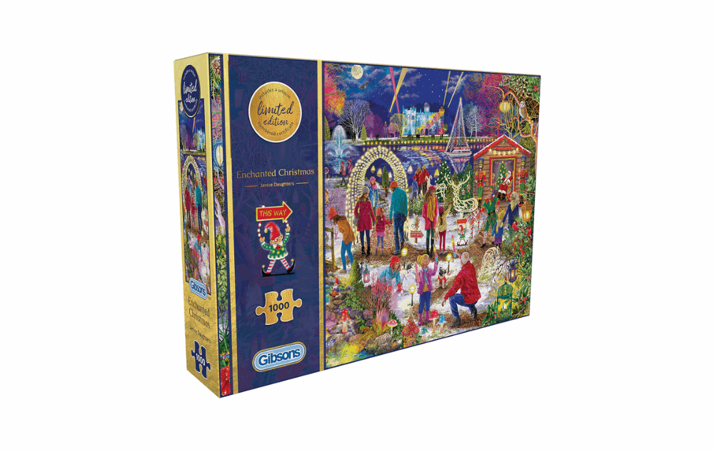 Gibsons limited edition Christmas jigsaw featuring a festive scene with colorful decorations and joyful characters