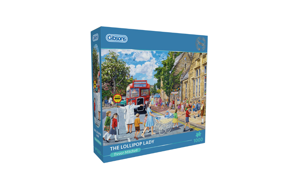Gibsons Lollipop Lady puzzle 1000 pieces featuring a vibrant street scene with children and a red bus
