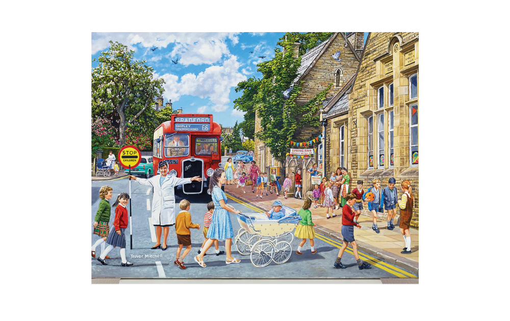 Gibsons Lollipop Lady puzzle featuring a vibrant street scene with children and a red bus