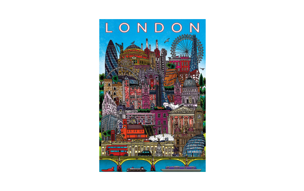 Gibsons London cityscape jigsaw puzzle vibrant illustrated collage of London landmarks including Eye Gherkin double decker bus