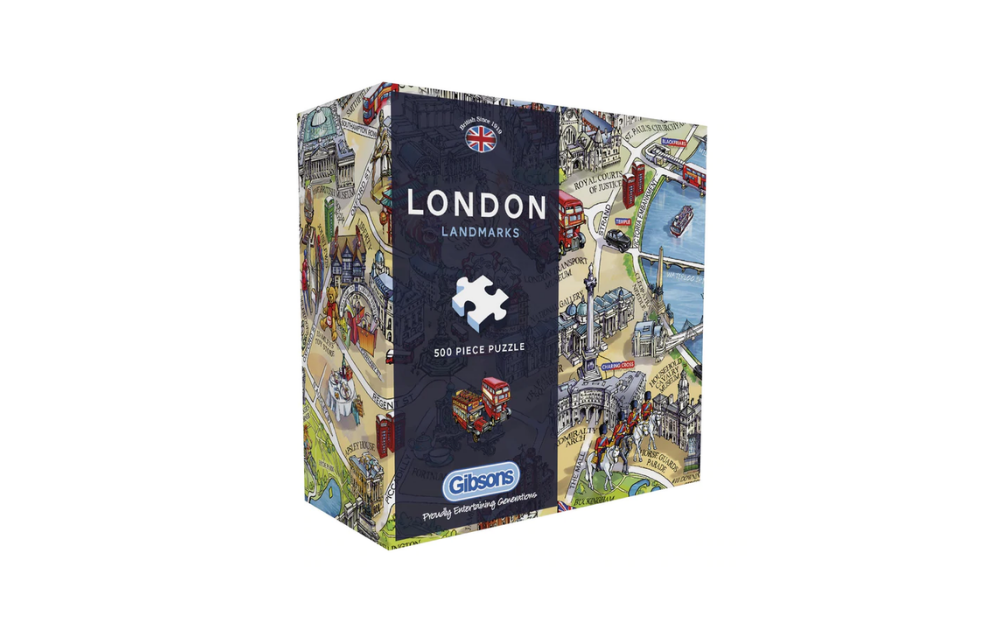 Gibsons London landmarks jigsaw puzzle box featuring 500 colorful pieces of iconic sites