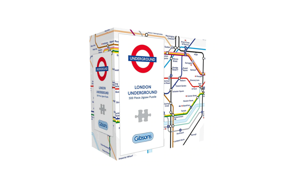 London Underground jigsaw puzzle box featuring 500 colorful pieces from Gibsons