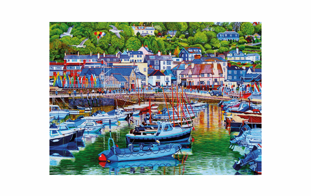 Gibsons Lyme Regis puzzle 1000 pieces featuring colorful boats in a picturesque harbor scene