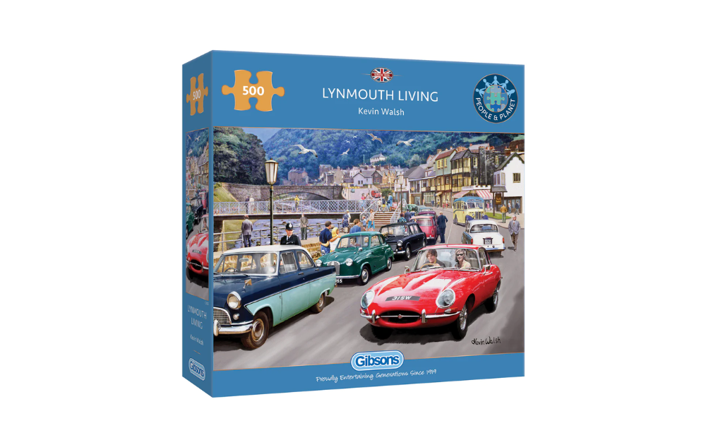 Gibsons Lynmouth Living puzzle 500 pieces depicting classic cars in a scenic village setting
